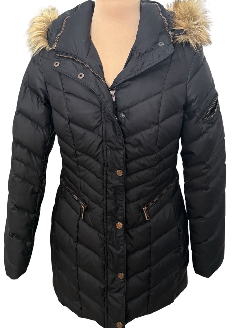 Marc New York Andrew Marc Black Puffer Coat Faux Fur Trim Hood Women's XS